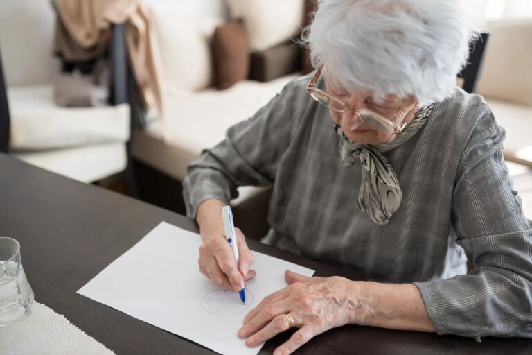 High angle view of a senior woman doing Alzheimer
